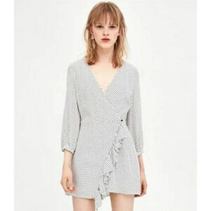 Zara TRF Polka Dot Ruffle Wrap Romper Size XS White & Black 14489